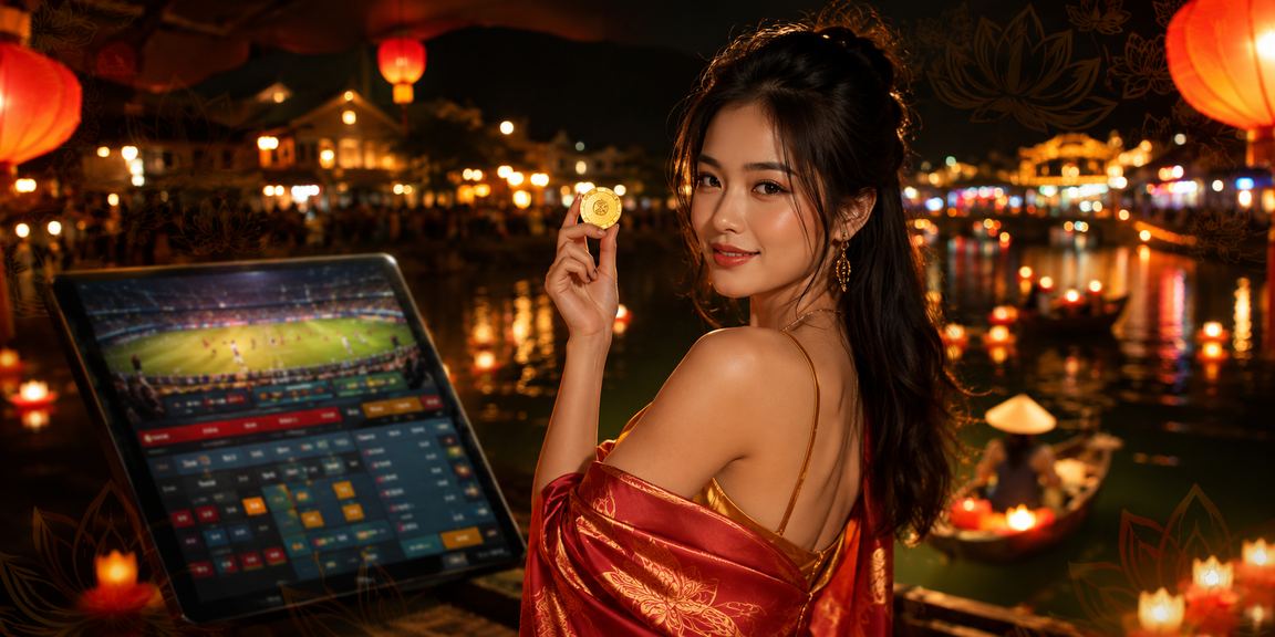 Người dùng tại chợ đêm Hội An trải nghiệm dịch vụ cá cược với đèn lồng lung linh